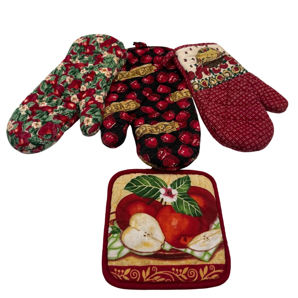Oven Mitt Pot Holder Set Red Apple Fruit Quilted Farmhouse 4pc